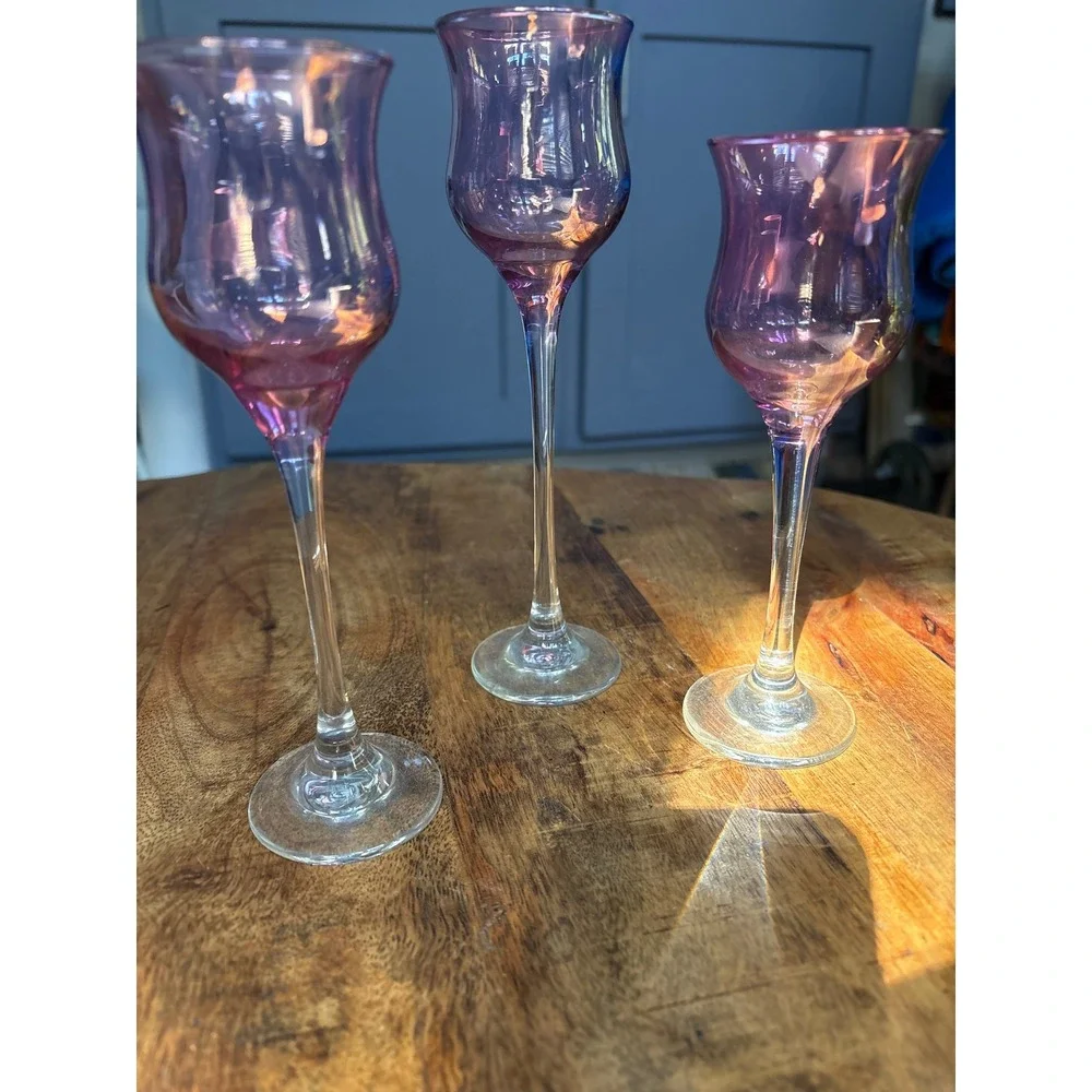 Set of 3 Amethyst Purple Iridescent Cordial Glasses Tulip Stemware Partylite